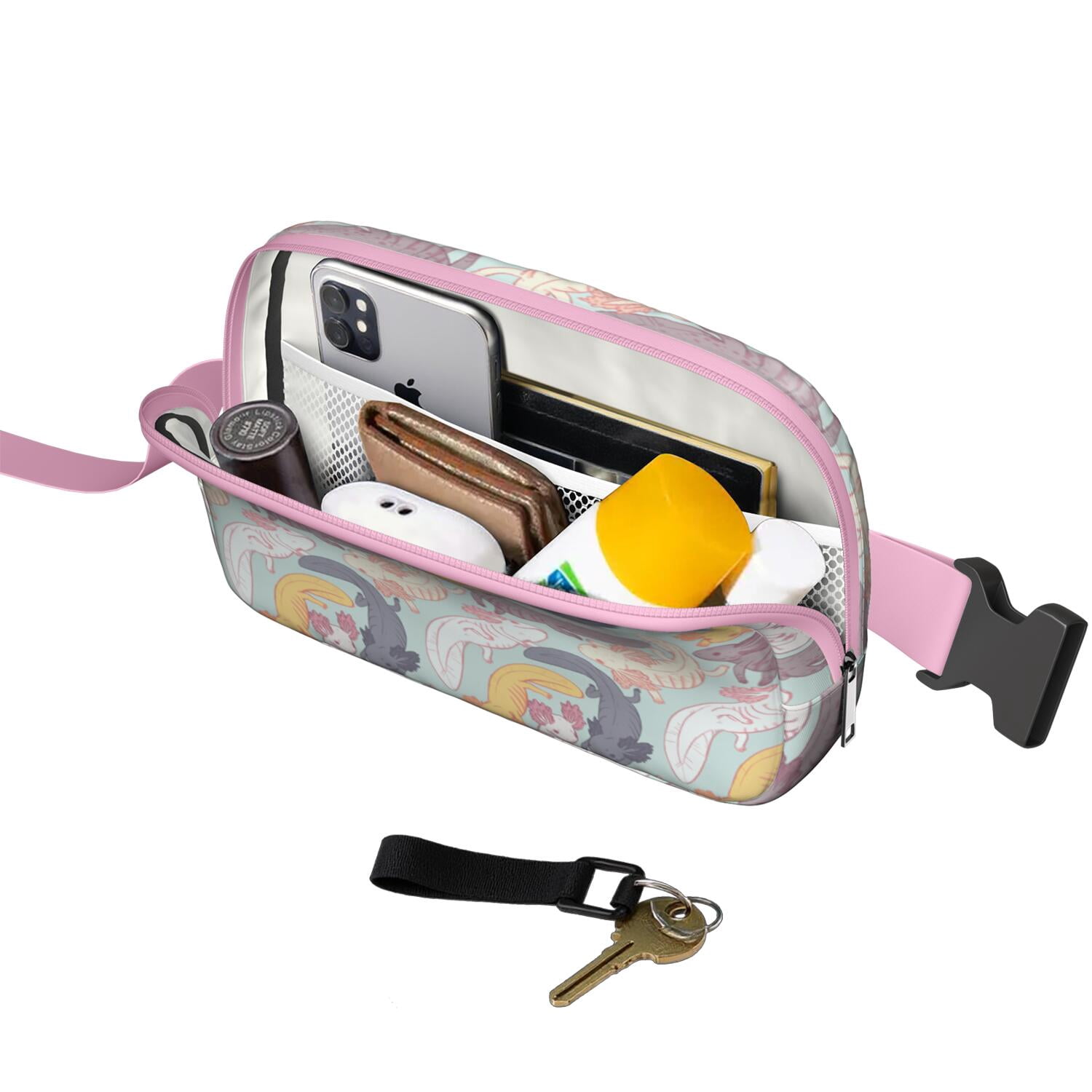 Adorable Axolotl Waist Bag – Cute & Colorful Mythical Creature Fanny Pack for Women with Kawaii Cartoon Print, Great Gift for Fantasy Fans
