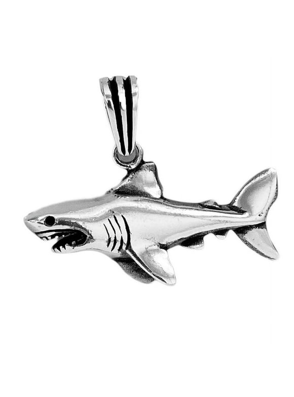 Real Solid 925 Sterling Silver Oxidized Great White Shark Tiburon Colgante Pendant 1.5" Inch