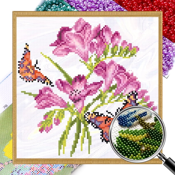 (2) Bordado No Impresión 9CT en Color Imitación Perla Con Cuentas Punto Cruz Tamaño Del Núcleo 27 * 27 Cm Hua Fei Die Wu Kit Serie Flores Con Bordado 2 Cuentas