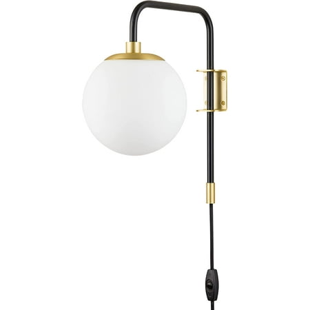 

HUIXIAN Caserti Black and Gold Plug in Wall Sconce Wall Lighting Modern Frosted Glass Globe Plug Wall Lamp with Plug in Cord Swing Arm Wall Mounted Bedside Lamp with On/Off Switch Wall Light