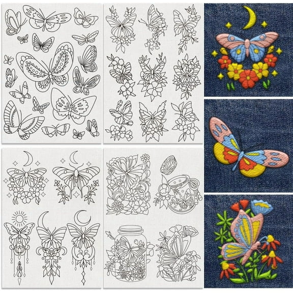 36Pcs Butterfly 4 Sheets Water Soluble Embroidery Pattern Stabilizers Stick and Stitch Embroidery Stickers Hand Sewing DIY Butterfly Embroidery Papers