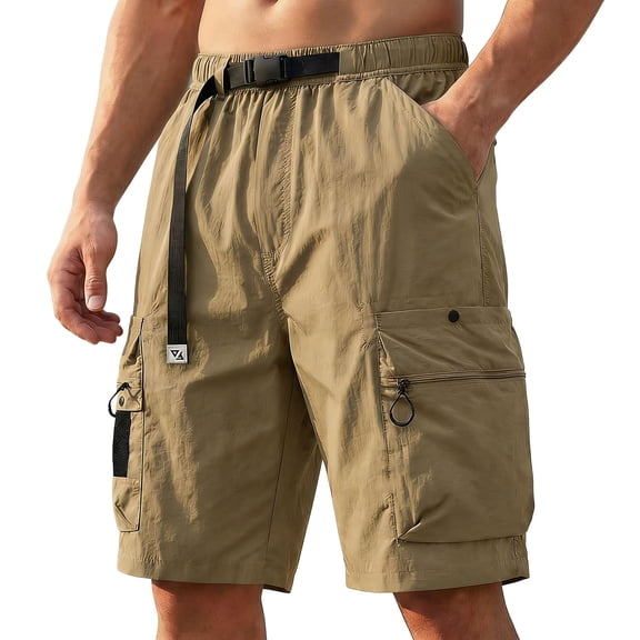 GUZOM Mens Lightweight Quick Dry Cargo Shorts - Relaxed Fit Hiking Utility Shorts with Zipper Pockets & Adjustable Belt, Khaki,Size 3XL