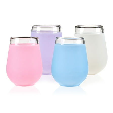 True Silicone Wrapped Stemless Wine Glasses, 16oz Set of 4 Multicolor