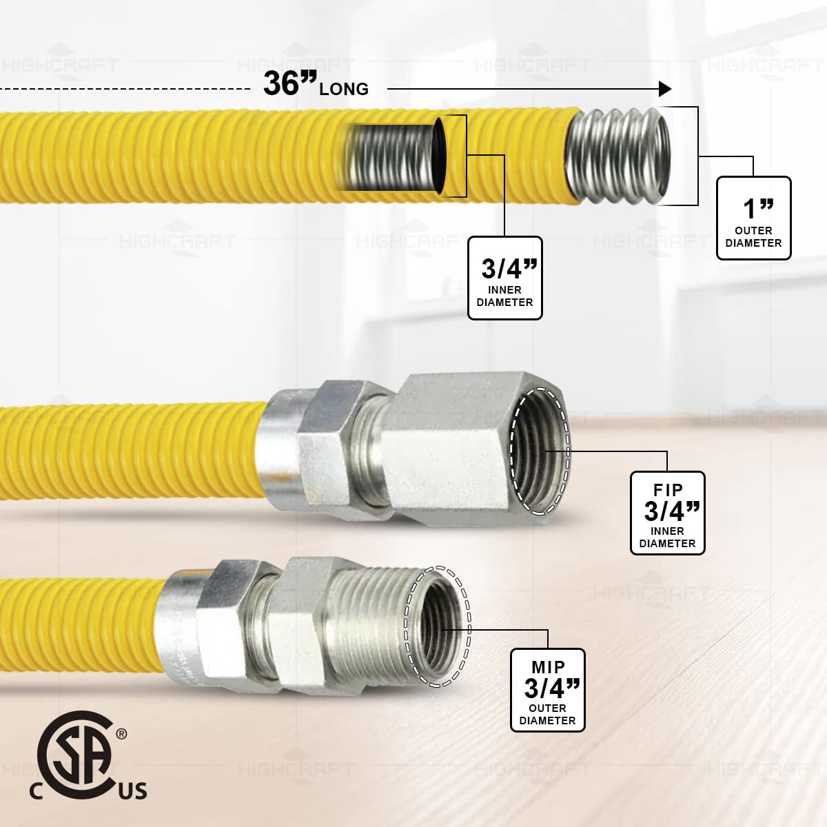 36" Flexible Yellow Epoxy Coated Gas Line Connector with 1" O.D. and 3/4'' FIP x 3/4'' MIP Fittings