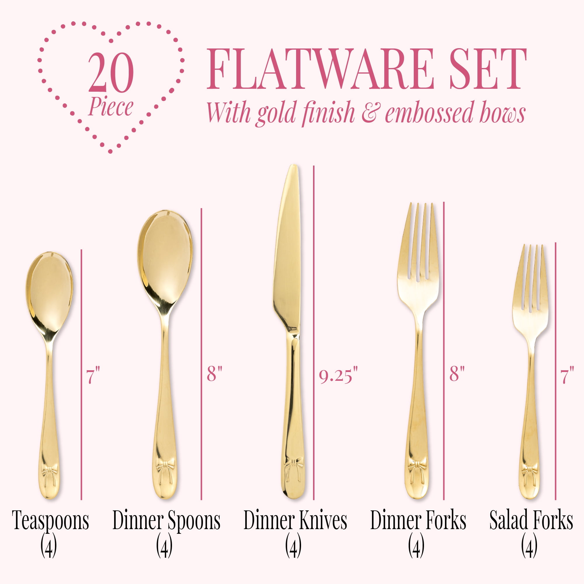 Paris Hilton 20-Piece Stainless Steel Flatware Set, Service for 4, Dinner Forks, Salad Forks, Dinner Knives, Teaspoons & Dinner Spoons, Gold with Bow Detail