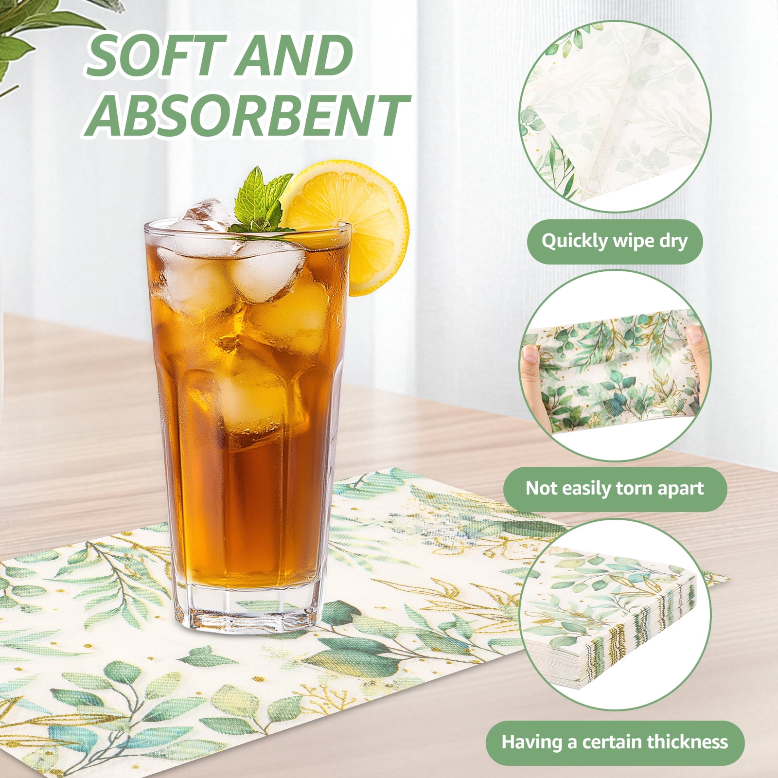 NUAHRHY 100pcs Eucalyptus Leaves Napkins, 3 Ply Disposable Hand Towels for Bathroom, Eucalyptus Leaf Guest Paper Napkins Dinner Napkins for Spring Wedding Baby Shower Bridal Shower Birthday Tea Party