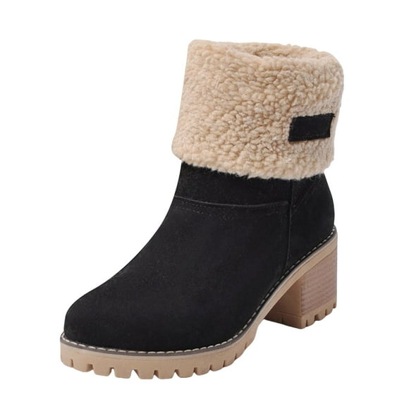 Womens Winter Snow Boots with Fleece Lined Cuff Suede Warm Platform Chunky Lug Heels Mid Calf Short Booties