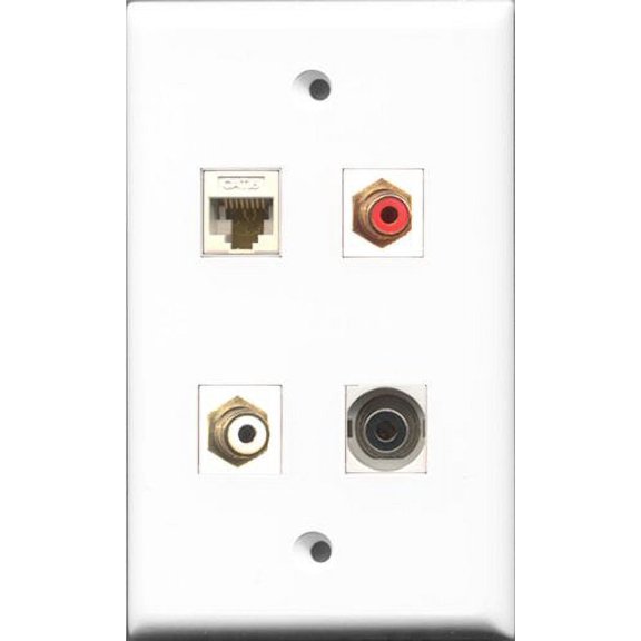 RiteAV 1 Port RCA Red and 1 Port RCA White and 1 Port 3.5mm and 1 Port Cat6 Ethernet White Wall Plate