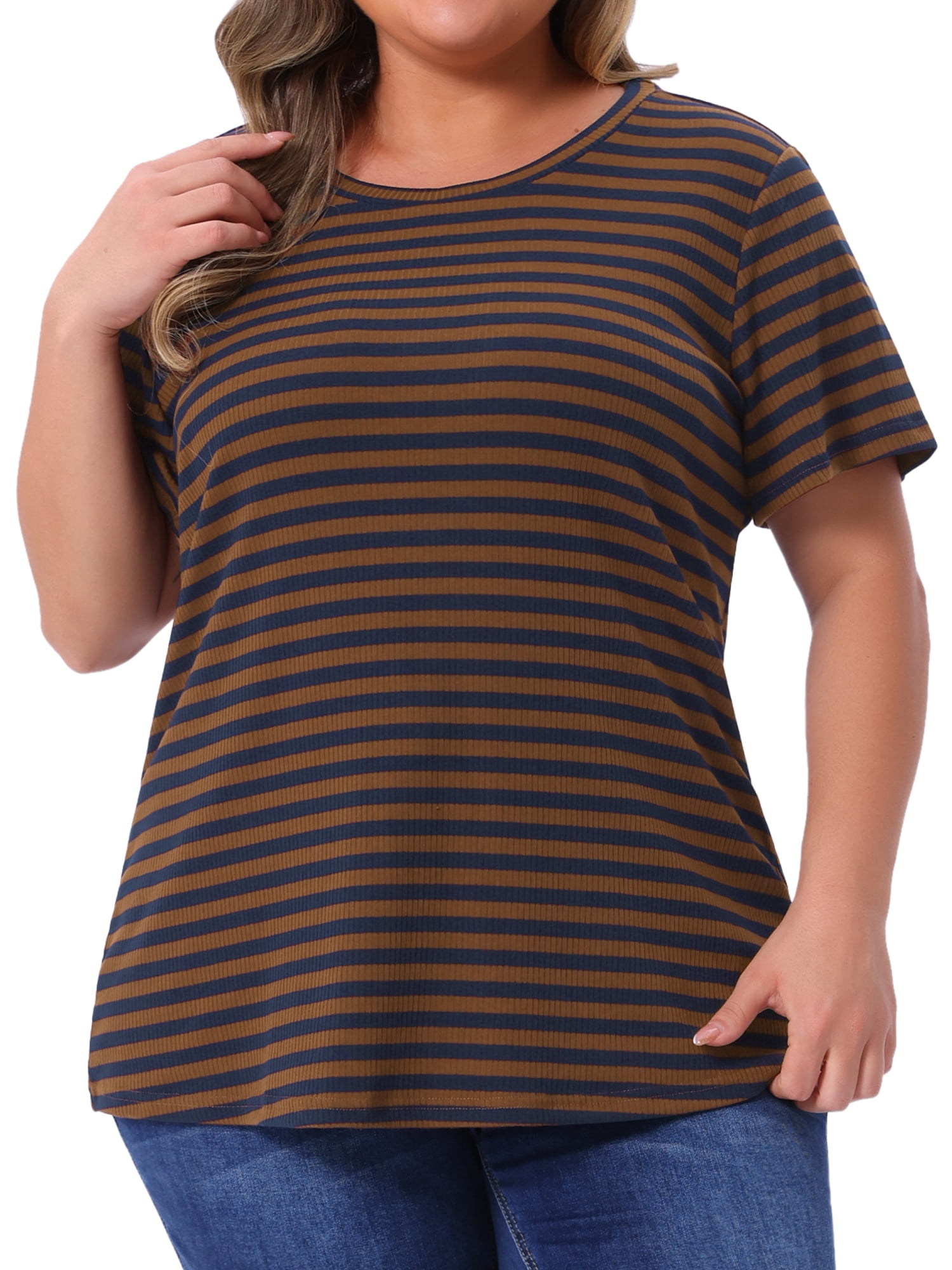 DARING DIVA Women's Plus Size Short Sleeve Crew Neck Striped Top 3X Brown