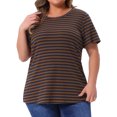 thumbnail image 2 of DARING DIVA Women's Plus Size Short Sleeve Crew Neck Striped Top 2X Brown, 2 of 6