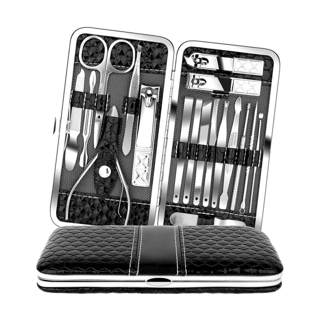 Teamkio Juego de manicura de 18 piezas, cortaúñas de pedicura, kit de higiene de viaje, cortador profesional de acero inoxidable, juego de cuidado, tijeras, pinzas, cuchillo, herramientas para recoger