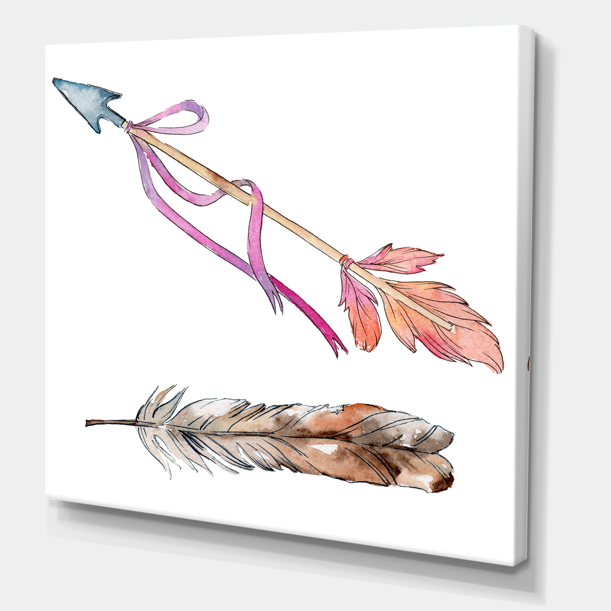 Pink Bird Feather From Wing on Arrow 30 in x 30 in Painting Canvas Art Print, by Designart