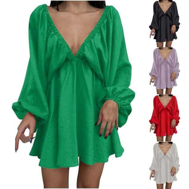 Gspmoly Robes pour Femmes, Robe à Manches Longues pour Femmes à Col en V Longueur Genou, Robe Aguichant Rétro Ample, Robes de Soirée pour Femmes Offres des Fêtes