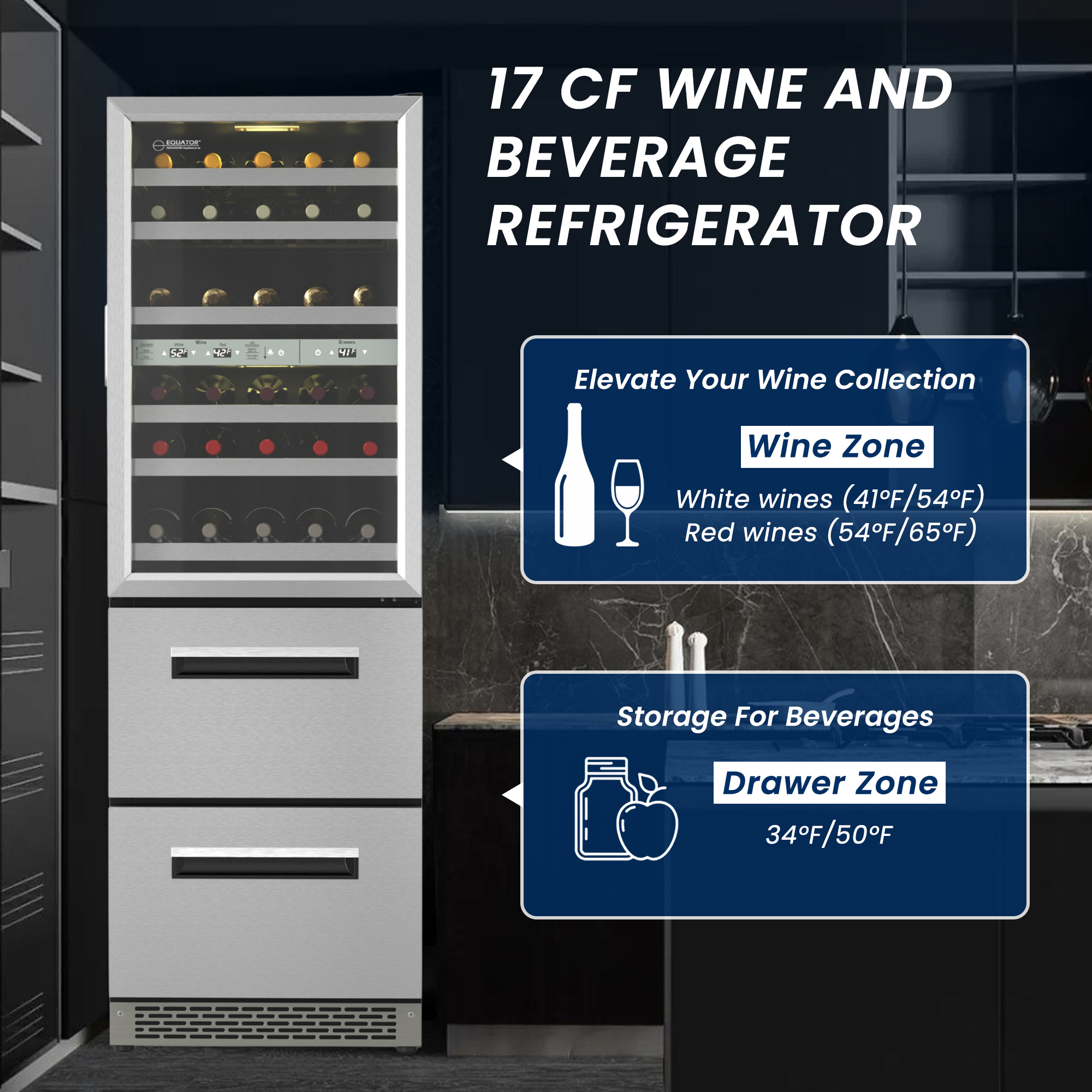 Equator Advanced Appliances Connoisseurs Club 3-Zone 84 Bottle Wine & Beverage Refrigerator, 7 LED Lights 2 Drawers 110V