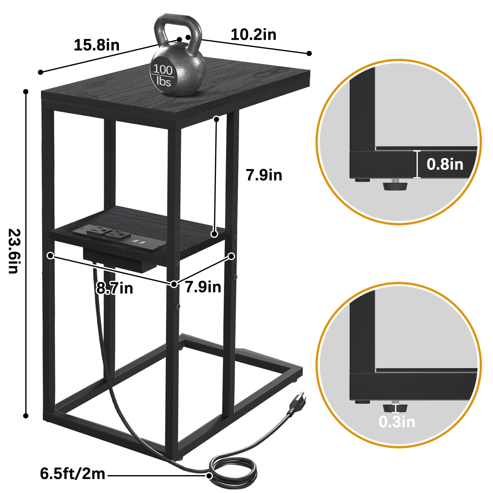 C Shaped End Table with Charging Station, Small Side Tables for Couch for Living Room, Bedroom, Black