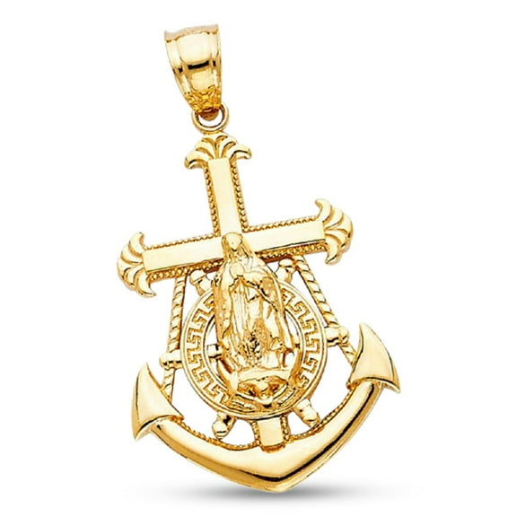 14k Yellow Gold Virgin Mary Mariner Anchor Pendant Genuine Religious Lady Guadalupe Style Charm Polished Solid 25 mm x 19 mm