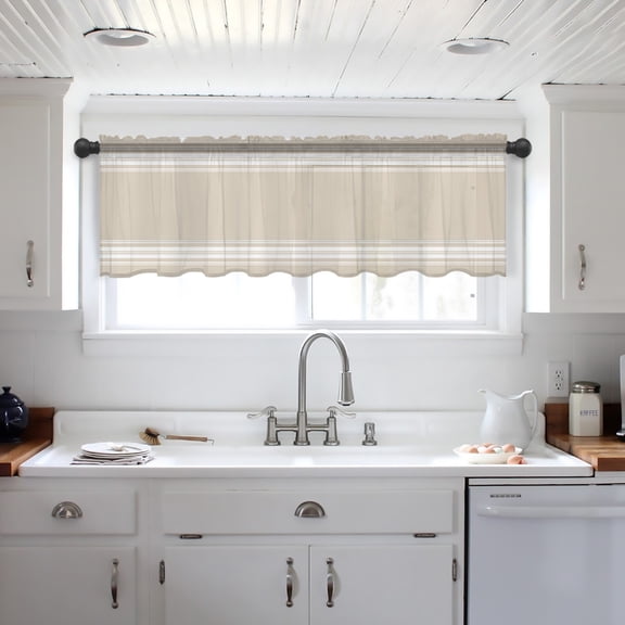 Beige Striped Valance Curtains for Kitchen/Living Room/Bathroom/Bedroom Window,Farmhouse Luxurious White Stripes Modern Abstract Art Small Topper Half Short Window Curtains Sheer Scarf 42"x18"