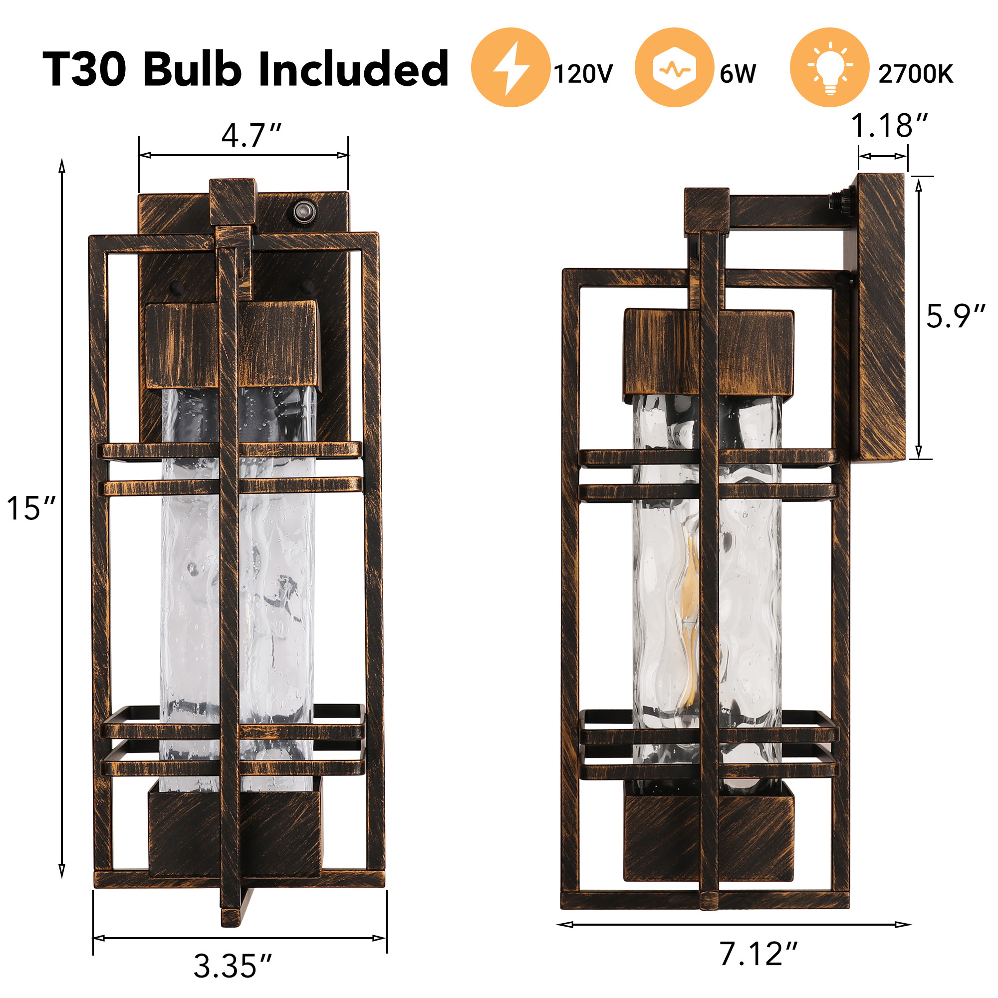 15”Dusk to Dawn Outdoor Wall Light Set of 2，Waterproof Porch Light (Bulb Included)