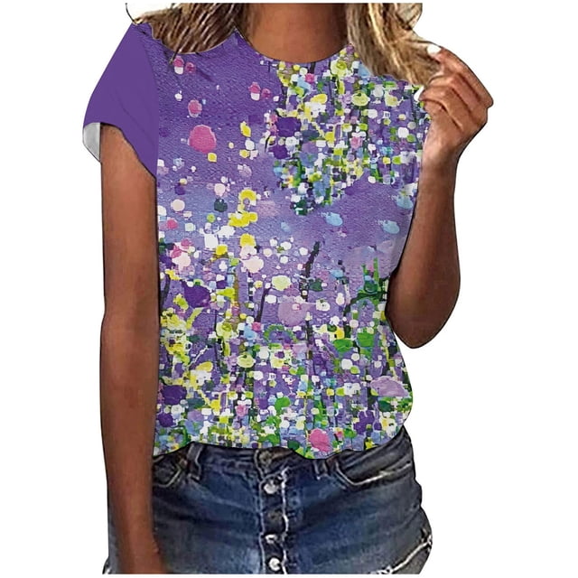 Pompotops T-Shirt Décontracté à Col Rond pour Femmes, Imprimé Graphique, Manches Courtes, Mode Douce, Blouse Décontractée pour Femmes