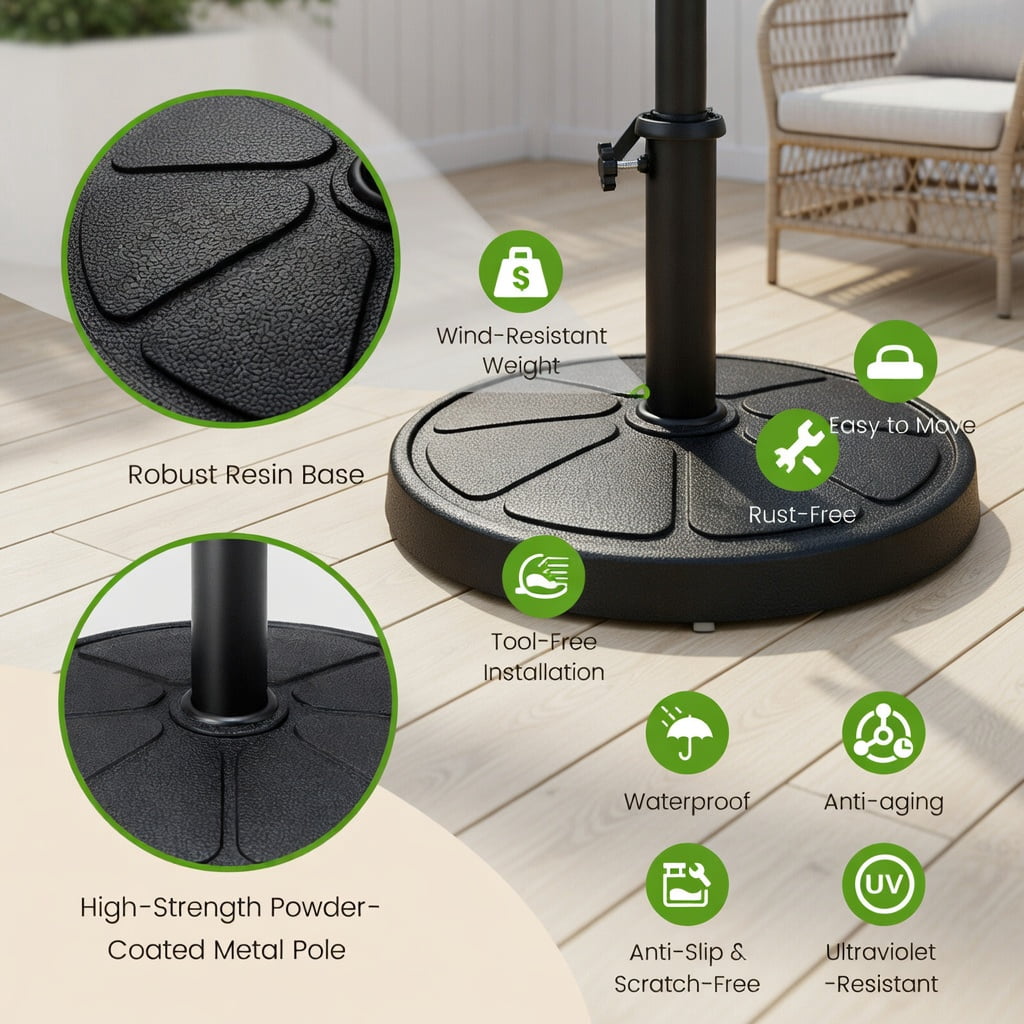 Resenkos Outdoor Umbrella Base, 31LBS 18 Inch Round Outdoor Umbrella Base, Black