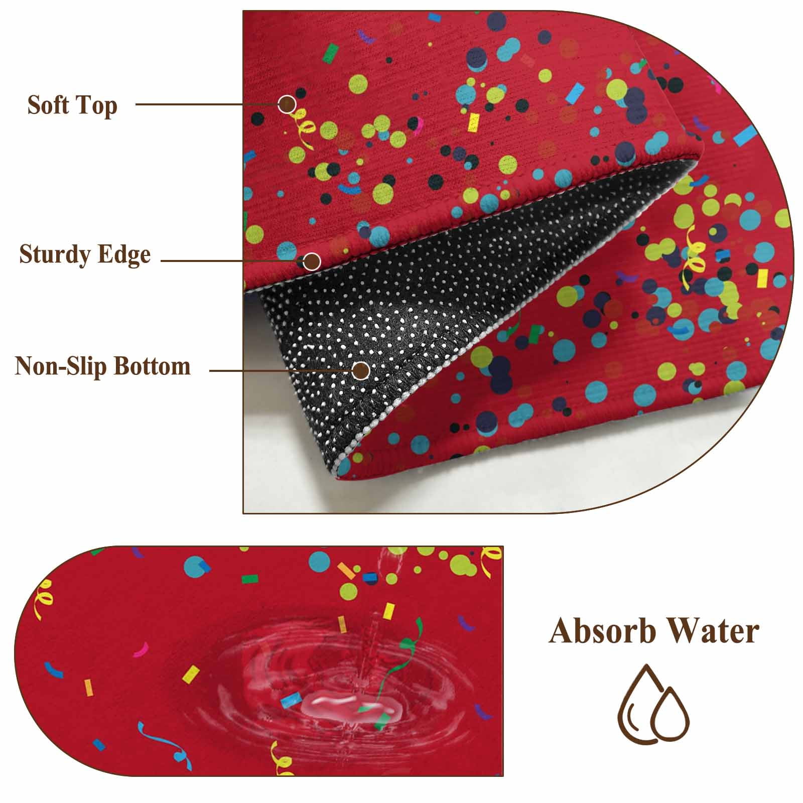 Red Birthday Large Area Rugs for Bedroom Living Room, Soft Non Slip Carpet Bedside Rug, Colorful Confetti Ribbons Polka Dots Classroom Round Floor Cover Kitchen Accent Rug 5' for Dining Room/Office