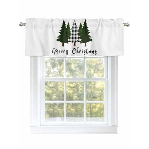 Merry Christmas Valances for Windows Xmas Tree Winter Black Buffalo Plaid Rod Pocket Curtains Valance Short Window Treatment Drapes for Living Room, Bedroom Bathroom 54" W x 18" L