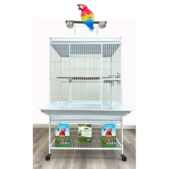 32"L x 23"W x 69"H X-LARGE Deluxe and Durable Wrought Iron Double Ladders Open Play Top Bird Parrot Rolling Cage, Include Stainless Feed Cups Natural Wooden Stand Perch Seed Guard
