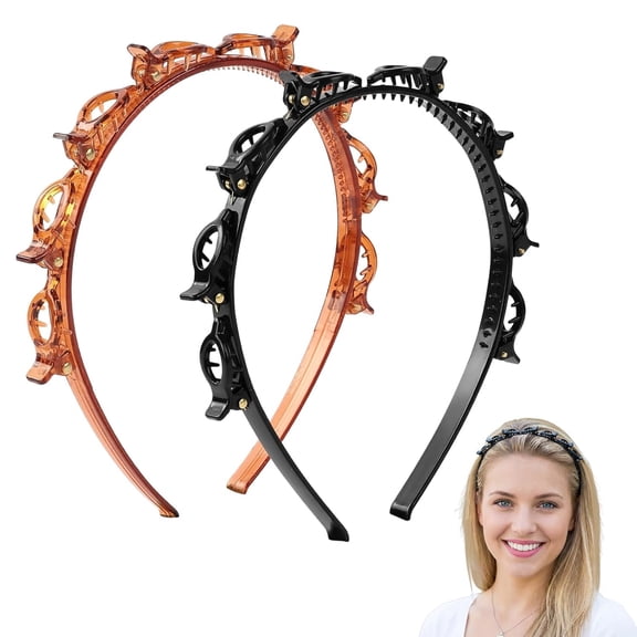 TUWAFE 2 Pcs Double Layer Headband with Clips,Professional Weave Bangs Hairpin with Teeth,Stylish Braided Headband for Women,Styling Tool for All Hair Types(Black&Brown)