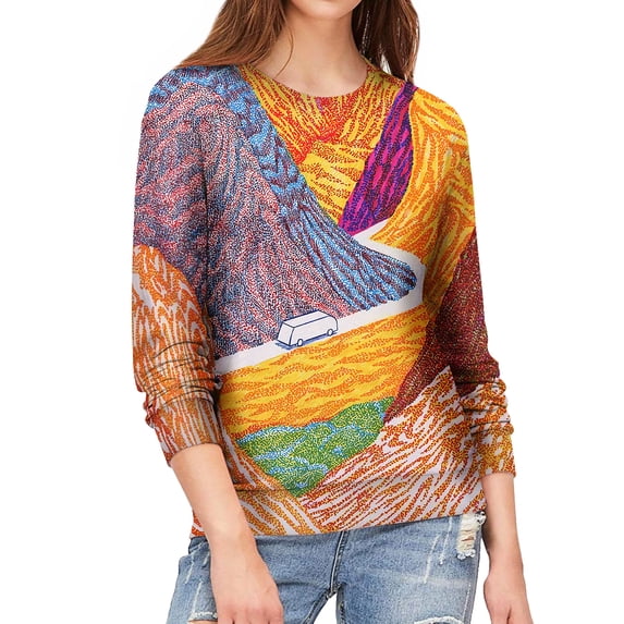 TWZH Women Landscape Graphic 3D Print Crew Neck Long Sleeves Top