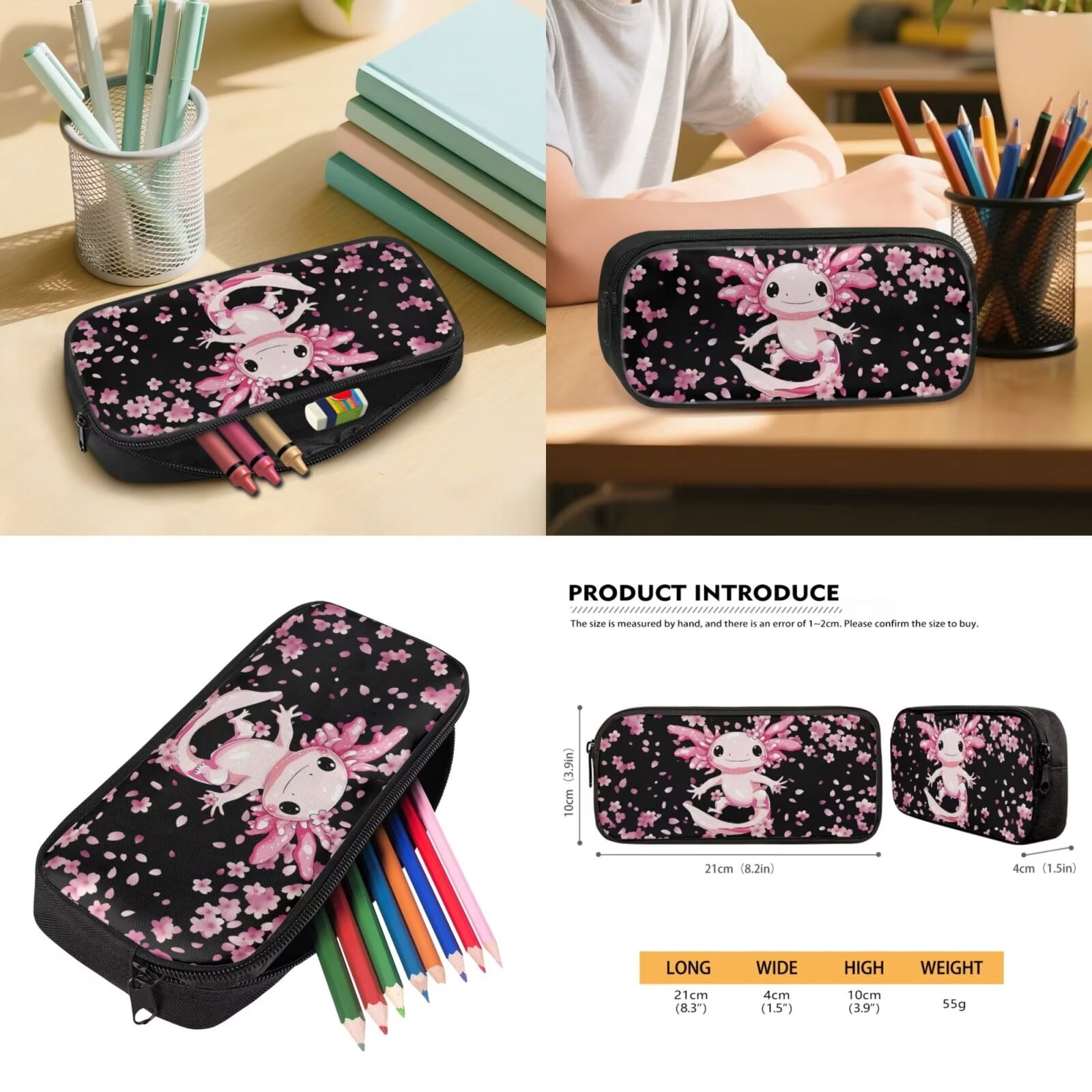 Pzuqiu Axolotl Cherry Blossom Kids Backpack School Bag Set with Lunch Box Pencil Case Water Bottle Bag 5 Piece Bookbags with Adjustable Shoulder Strap for Girls Teens