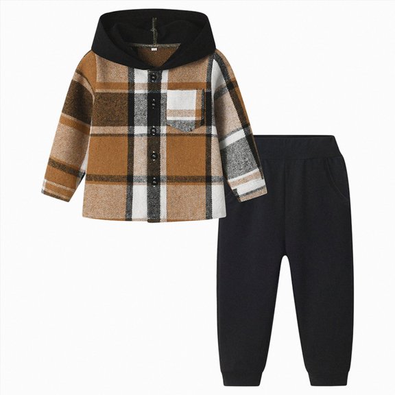 Kakishop Boys Clothes Boys Clothes Pants Sets Plaid Long Sleeve Hooded Button Shirt Jacket and Jogger Pants for Kids Fall Winter Outfits (Black,18-24 Months)