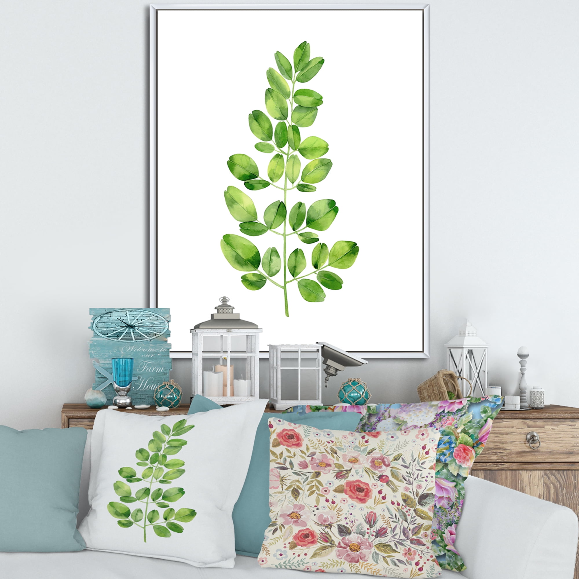 Designart 'Moringa Plant Branch Tropical Tree Foliage' Farmhouse Framed Canvas Wall Art Print