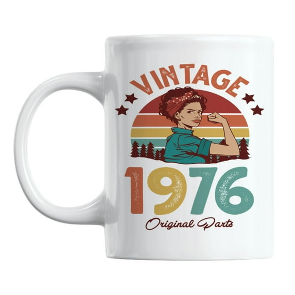 Vintage 1976 feat. a Strong Woman & Retro Sunset Ceramic Coffee & Tea Mug (11oz)