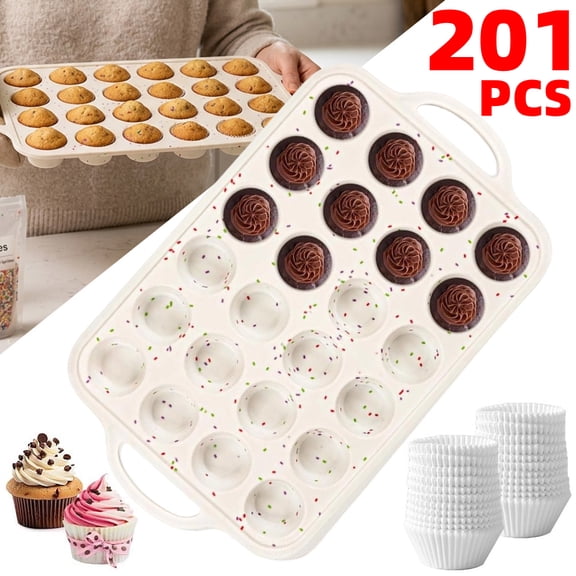 Silicone Mini Muffin Pan with 200 Cupcake Liners, Metal Reinforced Frame 24 Cups Cupcake Pan with Handle for Baking Muffins, Nonstick Dishwasher Safe