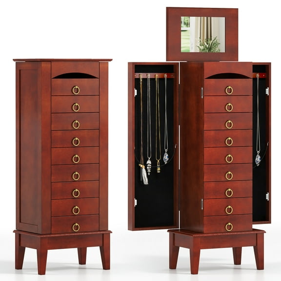 Gymax Jewelry Cabinet Armoire Wood Storage Box Chest Stand Organizer