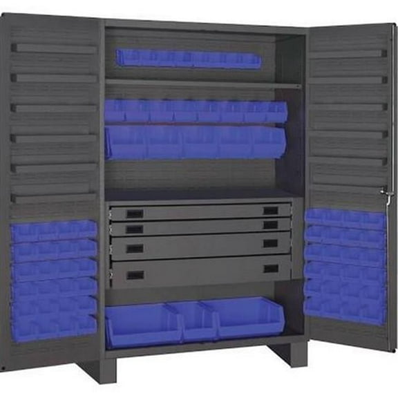 14 Gauge Flush Style 12 Door Shelves Lockable Cabinet with 72 Blue Hook on Bins & Adjustable Shelf & 4 Drawers, Gray - 48 in.