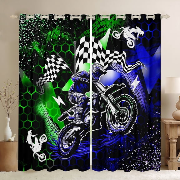 Manfei Motorcycle Motocross Black Out Curtains,Honeycomb Grid Curtains Pack of 2 (42x63 Each),Blue Green Bedroom Curtains,Sport Bedroom Decorative