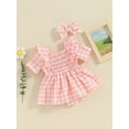 thumbnail image 4 of Musuos Baby Girls Summer 2 Piece Set, 3 6 12 18 24Months Square Neck Short Sleeve Frill Trim Plaid Romper Dress + 3D Bow Headband Set, 4 of 10