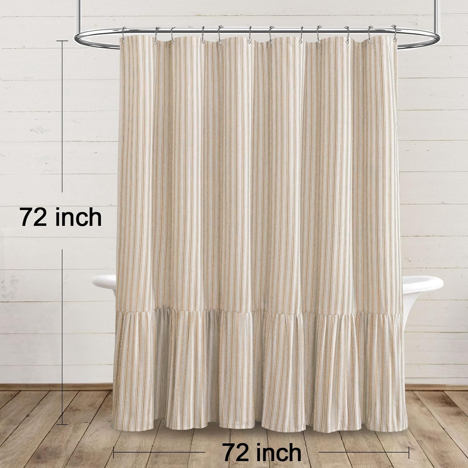 JJCOITR Farmhouse Shower Curtain with Ruffle Hem Linen Shower Curtains for Bathroom Country Vintage Rustic Natural Fabric, Cream-Beige Stripe 72" W x 72" L