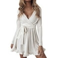 thumbnail image 1 of Vestido casual de manga larga con volantes de color sólido con cuello en V para mujer Fridja  nalpqowj5048, 1 of 8