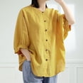 thumbnail image 2 of iOPQO womens t shirts Women's Short Sleeve Blouse Puffed Shirt Cotton Linen Button Front Loose Top t shirts for women Yellow + 3XL, 2 of 4