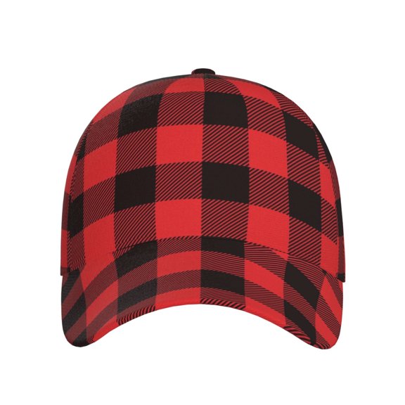Xecao Buffalo Plaid Red Black for Baseball Cap: Unisex, crafted from classic polyester twill fabric, featuring a soft unconstructed design