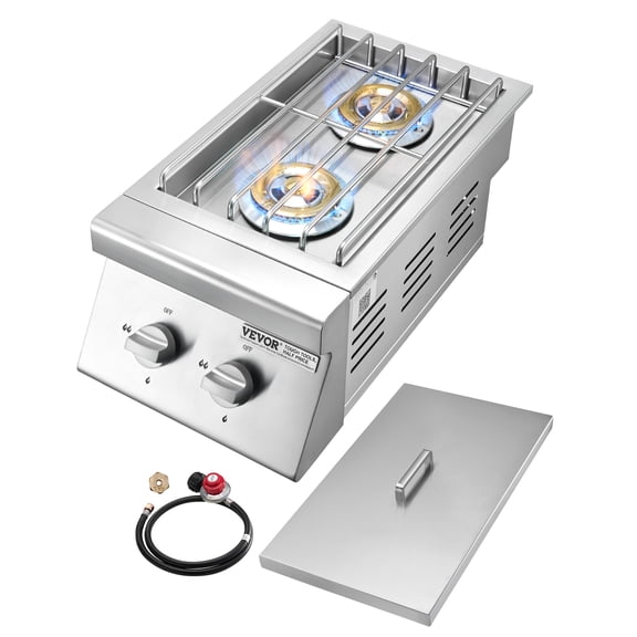 VEVOR Double Grilling Side Burners, 2 x 15,000BTU Liquid Propane Side Burner for Outdoor Kitchen, Convertible to Natural Gas, 304 Stainless Steel Built-in Double Grill Burners for BBQ Grill Island