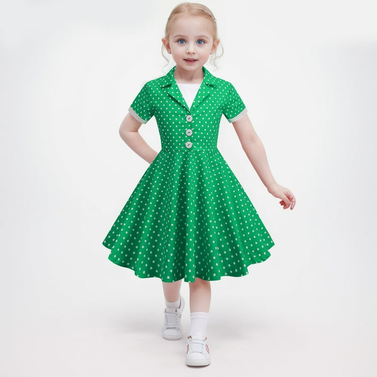 Fall Dresses Kids Notch Lapel 50s Dress for Girls Vintage Retro 1950s Polka Dot Dress for Girls 50 s Audrey Hepburn Rockabilly Swing Dress Flower Girl Dress Color Green Size 7 8 Years Walmart