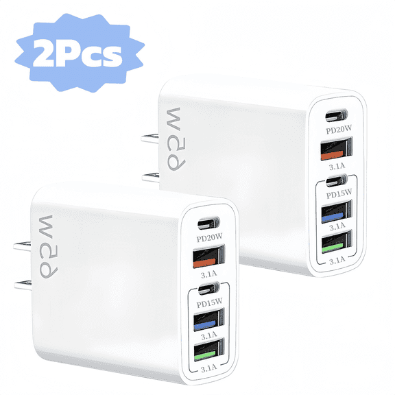QINIUXO USB C Charger Block, Fast Wall Charger, 5-Port Phone Charger with Type C Fast Charging, Compatible with Phones, Tablets & More, Home, Office & Travel Use, White (2-Pack)