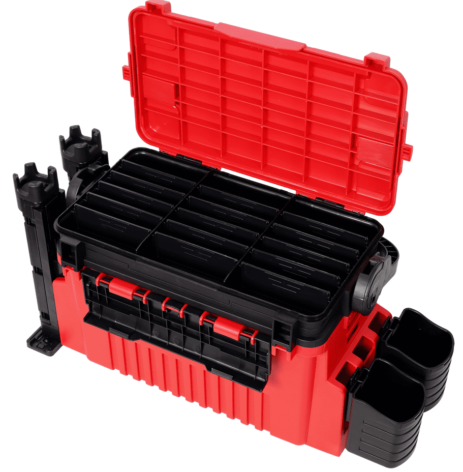 Dual Layer Tackle Box with Rod Cup Holders and Strap Red
