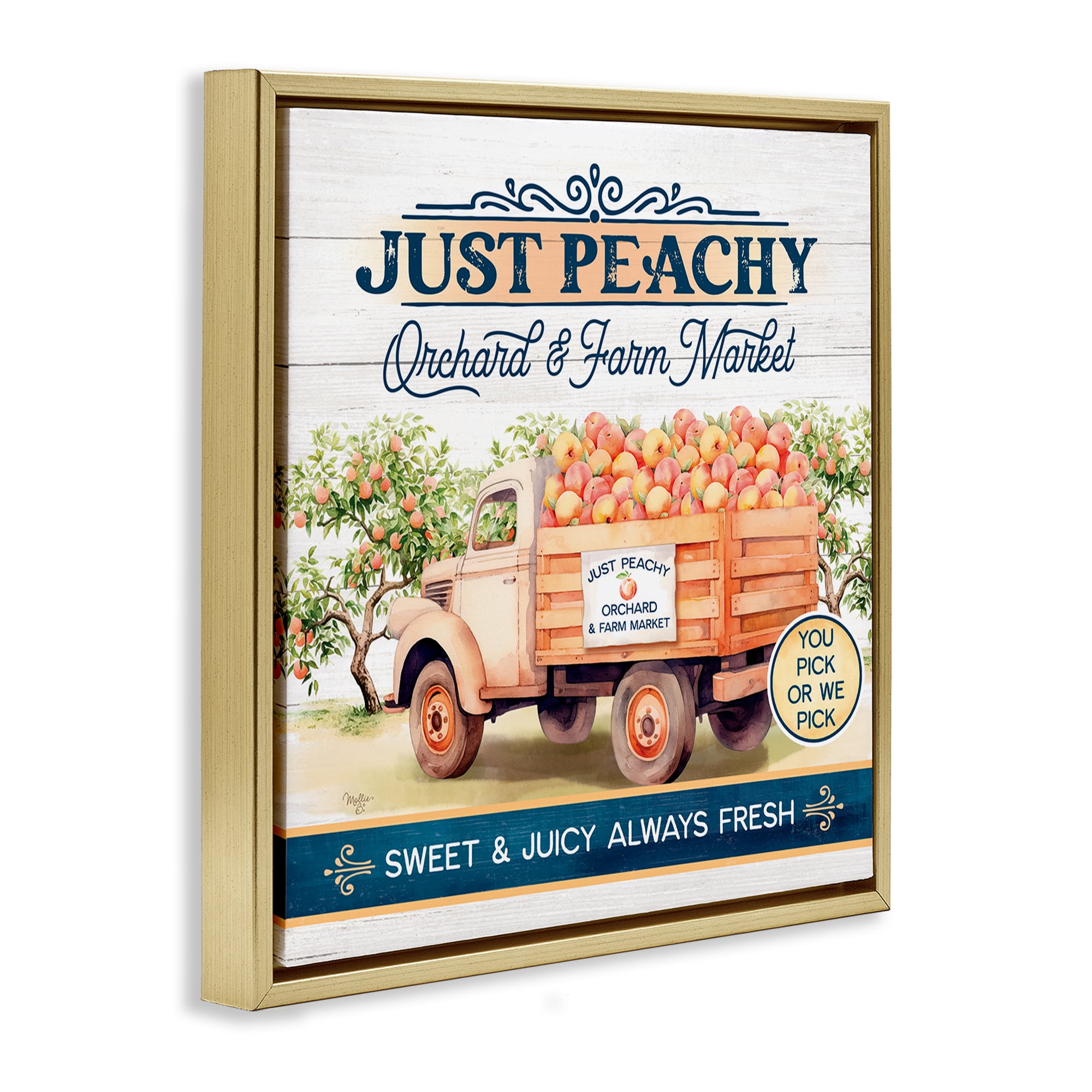 Stupell Industries Just Peachy Orchard Text & Numbers Painting Gold Floater Framed Canvas Art Print Wall Art, 18 x 18
