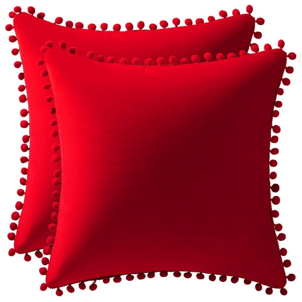 Fundas de almohada de 18x18 rojas: Paquete de 2 fundas de almohada decorativas cuadradas de terciopelo con pompones suaves y acogedores para decoración del hogar de granja