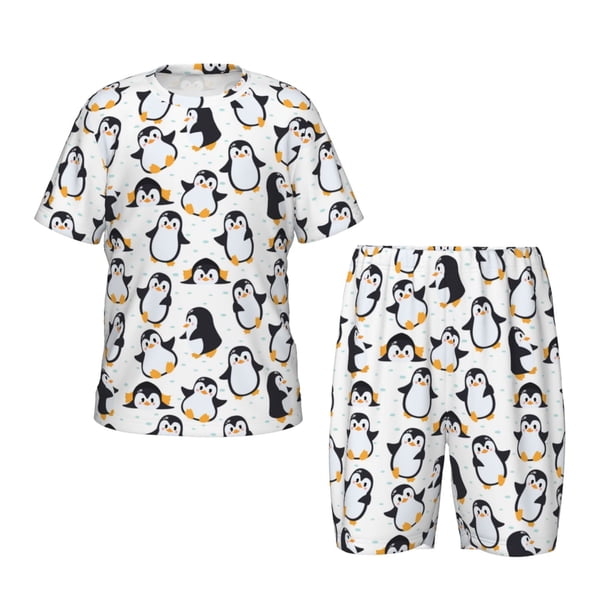 Balery whiter cute penguin Conjunto de Pijama Infantil de Manga Corta con Estampado – Ropa de Dormir de Algodón Suave-Large