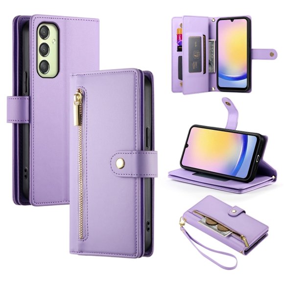 For Samsung Galaxy A25 5G 6.5-inch Wallet Case for Women Men Multi-Card Slots Zipper Pocket Lanyard Strap Wristlet Leather Phone Case,Purple,For Galaxy A25 5G